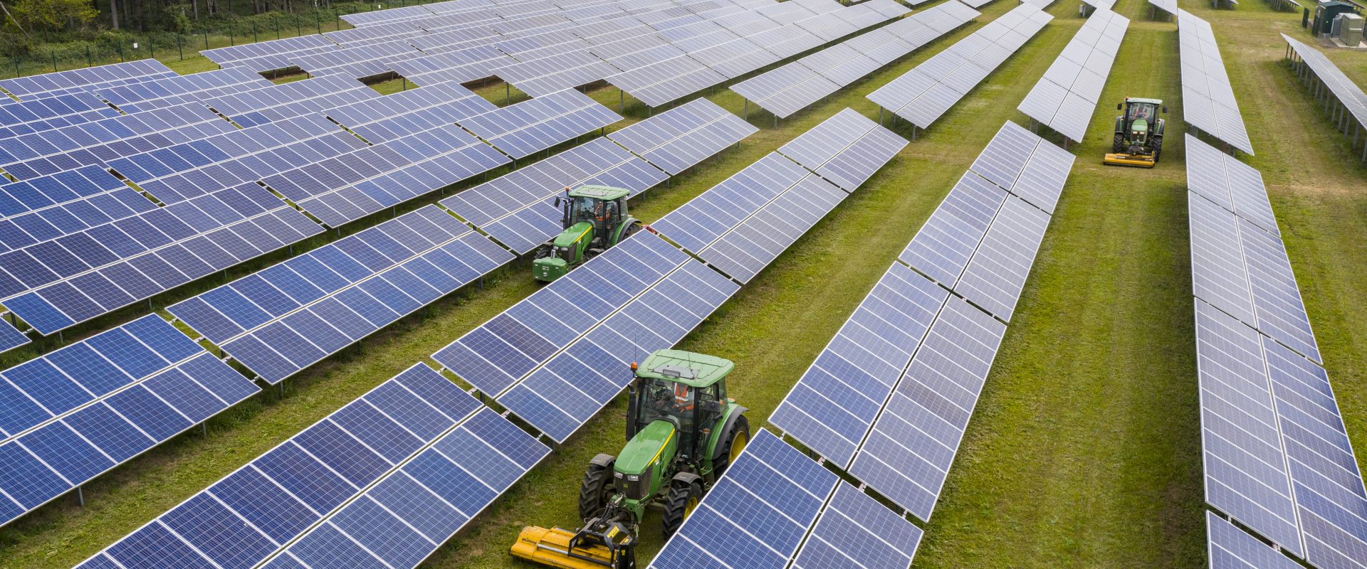 tractors driving between solar panels