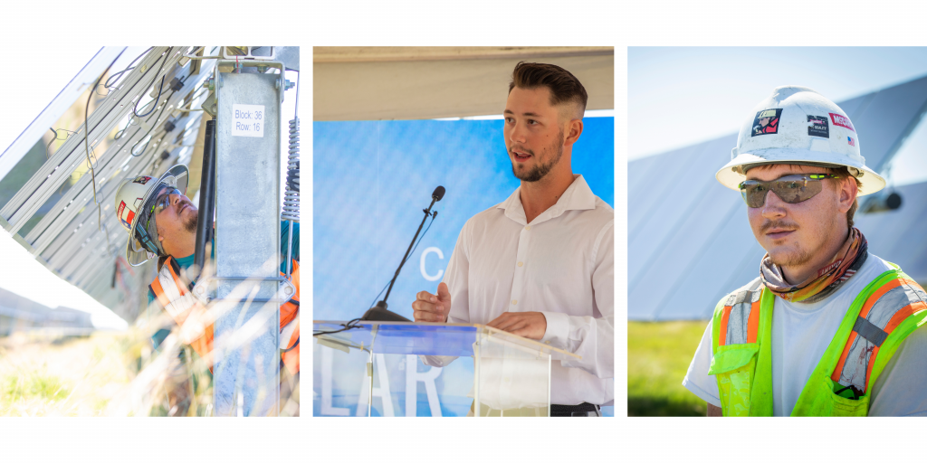 Collage of a man working in a field, a speaker, and a worker with a hat