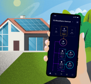 Graphic of phone app and house with solar panels