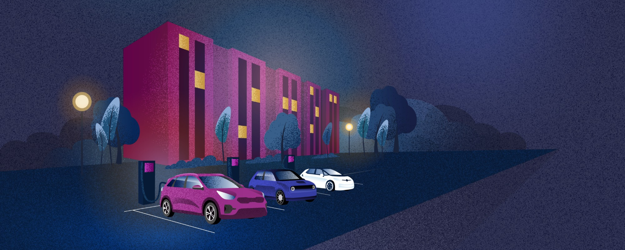 graphic of EV cars charging at night