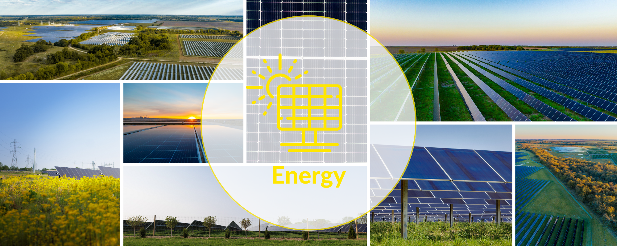 Responsible Solar energy icon over collage of utility-scale solar projects