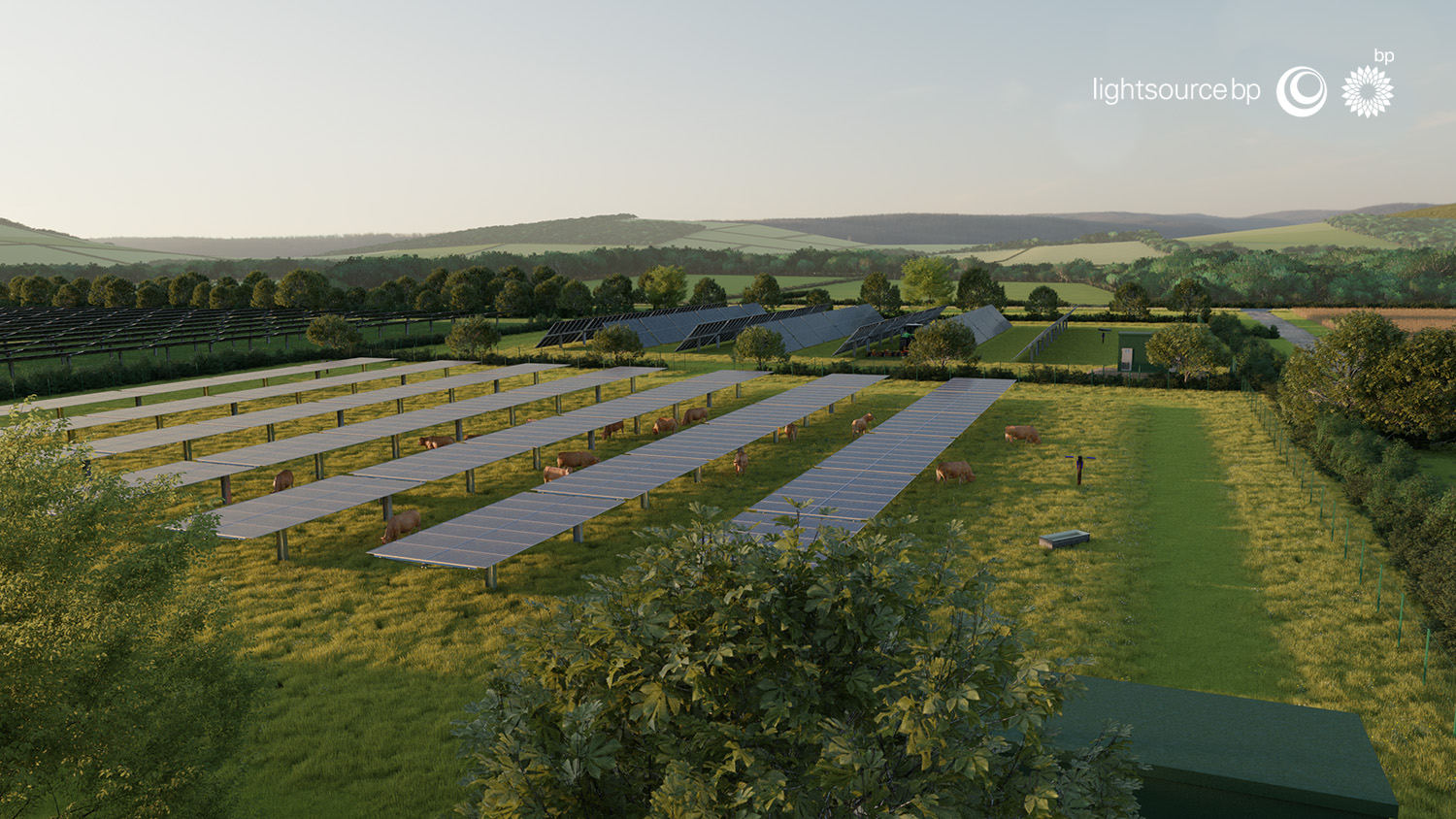Render image of cows grazing under solar panels at Henroux solar site