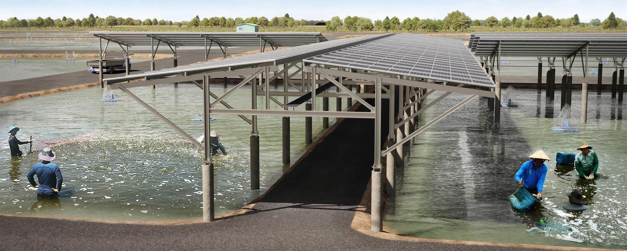 Digital render of floating solar panel installation over a body of water with workers standing in the water tending to plants, set against a backdrop of trees and a blue sky with clouds.